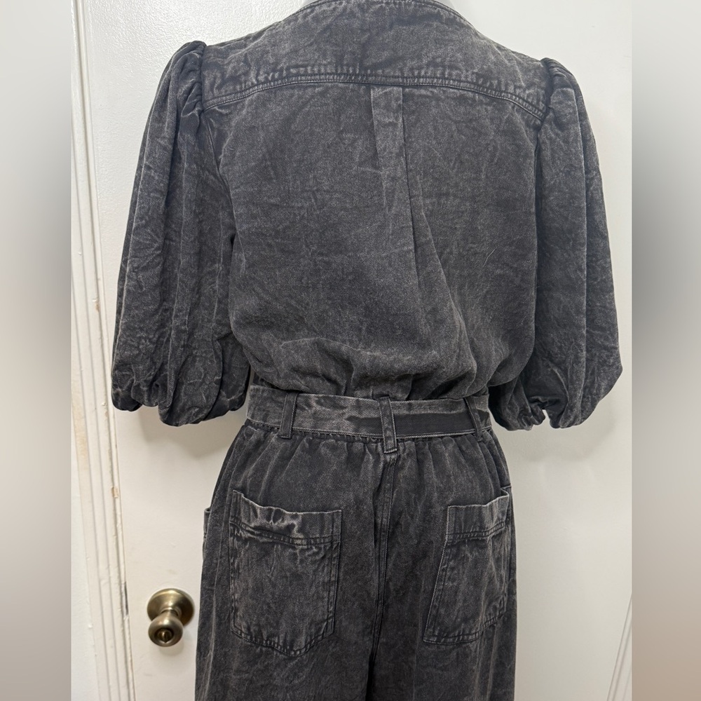 Anthropologie Othilia Acid Wash Puff Sleeve Utility Jumpsuit Charcoal Gray M - Picture 4 of 16